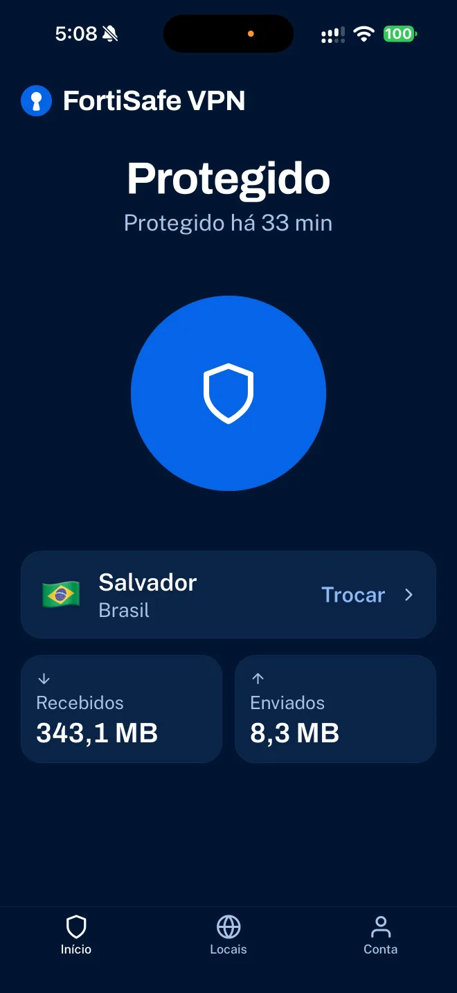 Aplicativo FortiSafe no iPhone: protegido, conectado em Salvador, Brasil