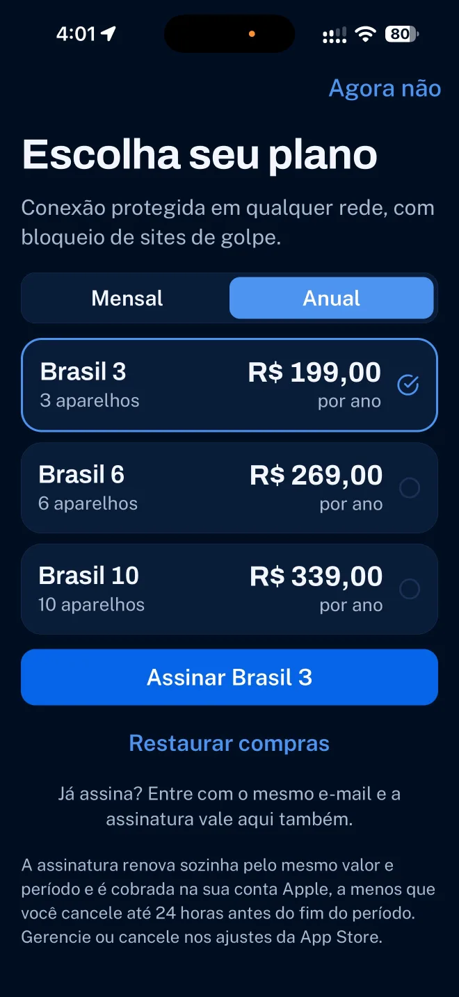 Tela de planos do aplicativo FortiSafe no iPhone